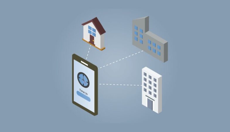 Illustration of Time & Attendance system digitally connecting to a home, office and factory